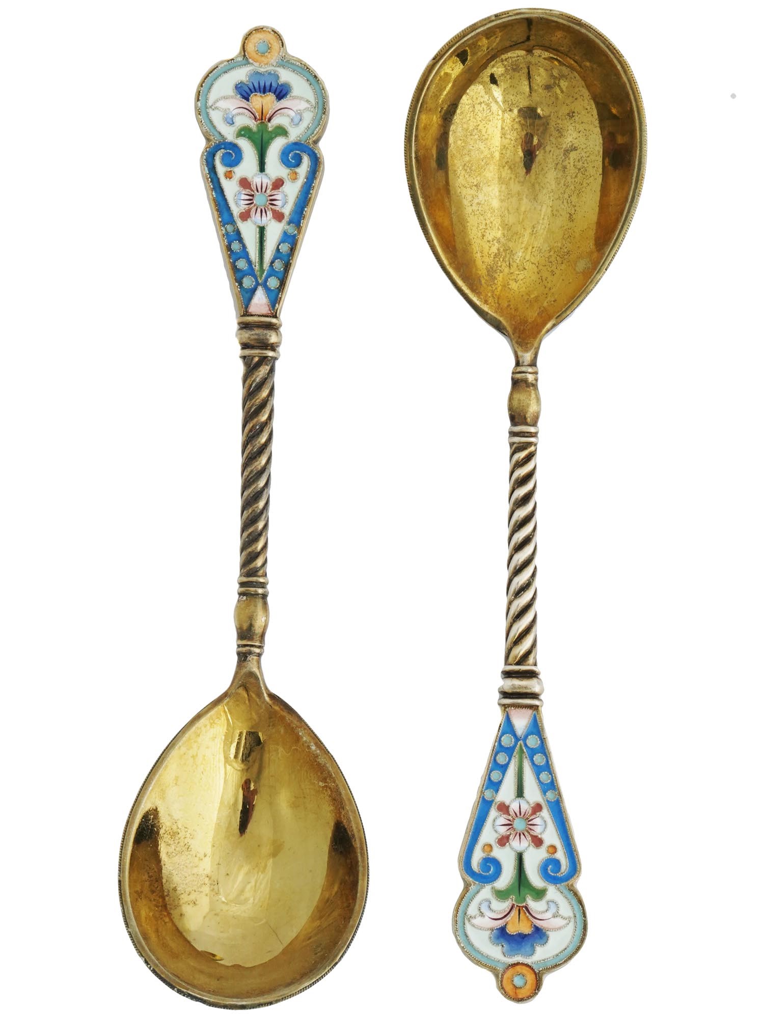PAIR OF RUSSIAN SILVER AND CLOISONNE ENAMEL SPOON PIC-1